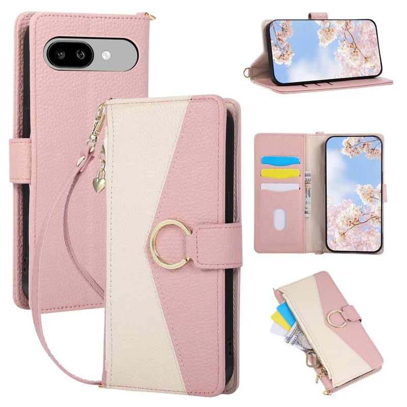 For Google Pixel 9a Triangular Splicing Zipper Leather Flip Cover with Wrist Strap - Pink