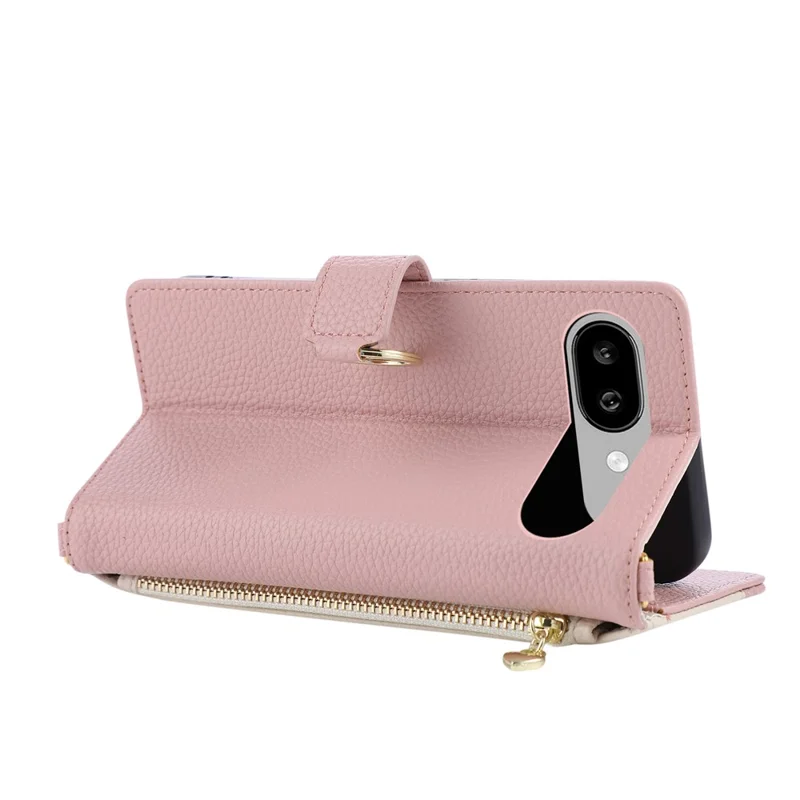 For Google Pixel 9a Triangular Splicing Zipper Leather Flip Cover with Wrist Strap - Pink