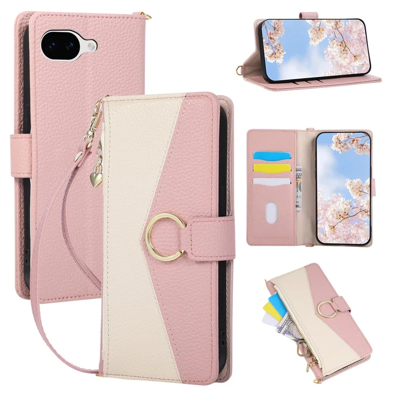 For Google Pixel 10a Triangular Splicing Zipper Leather Flip Cover with Wrist Strap - Pink