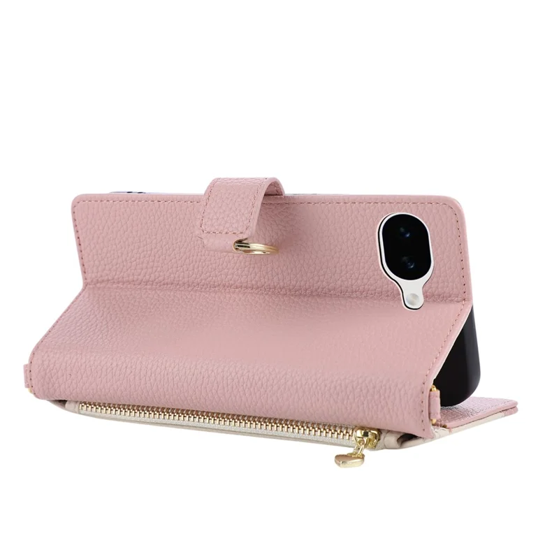 For Google Pixel 10a Triangular Splicing Zipper Leather Flip Cover with Wrist Strap - Pink