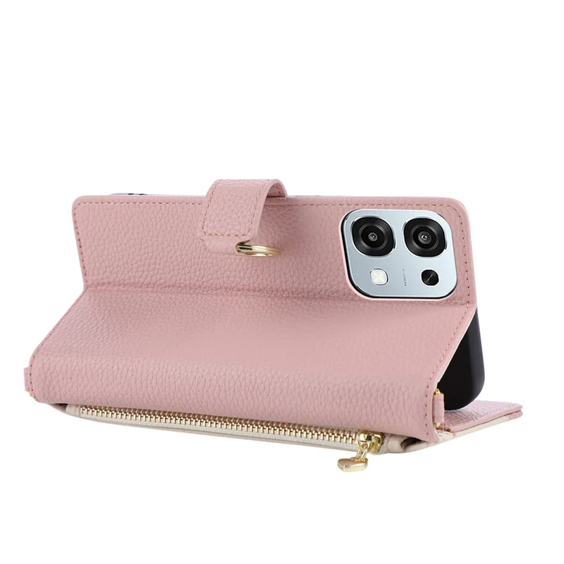 Capa Carteira com Dobra em Pele para OPPO A6 4G / A6 5G, com Suporte em Triângulo, Anel, Fecho com Zíper - Rosa