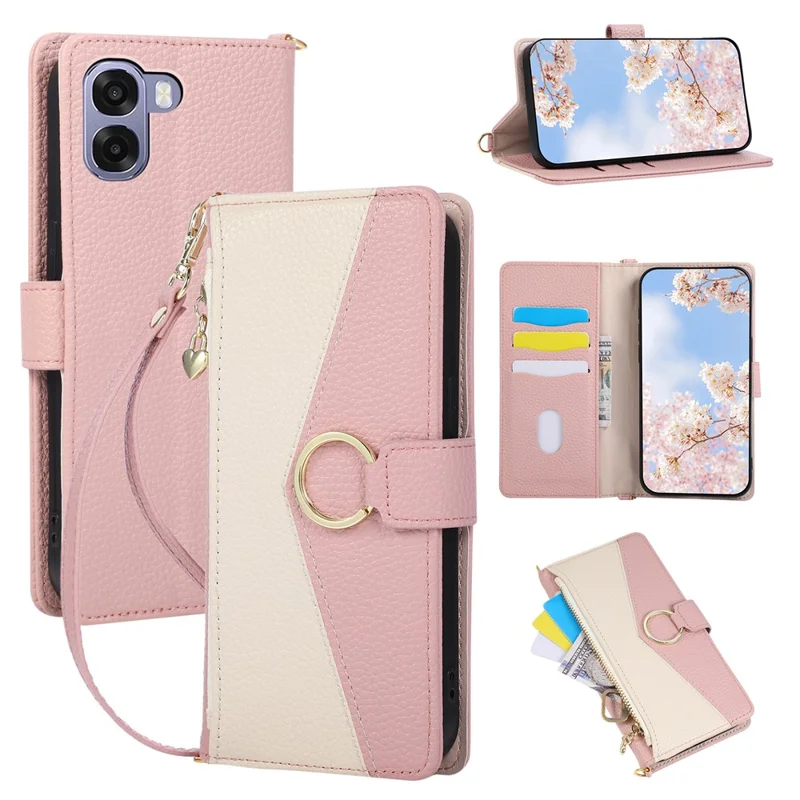 For Oppo A6x 5G  /  4G Wallet Case Triangular Splicing Zipper Leather Flip Cover with Wrist Strap - Pink