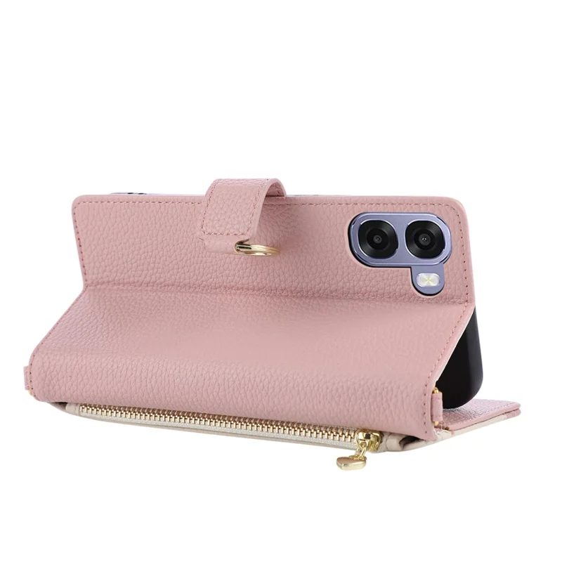 For Oppo A6x 5G  /  4G Wallet Case Triangular Splicing Zipper Leather Flip Cover with Wrist Strap - Pink