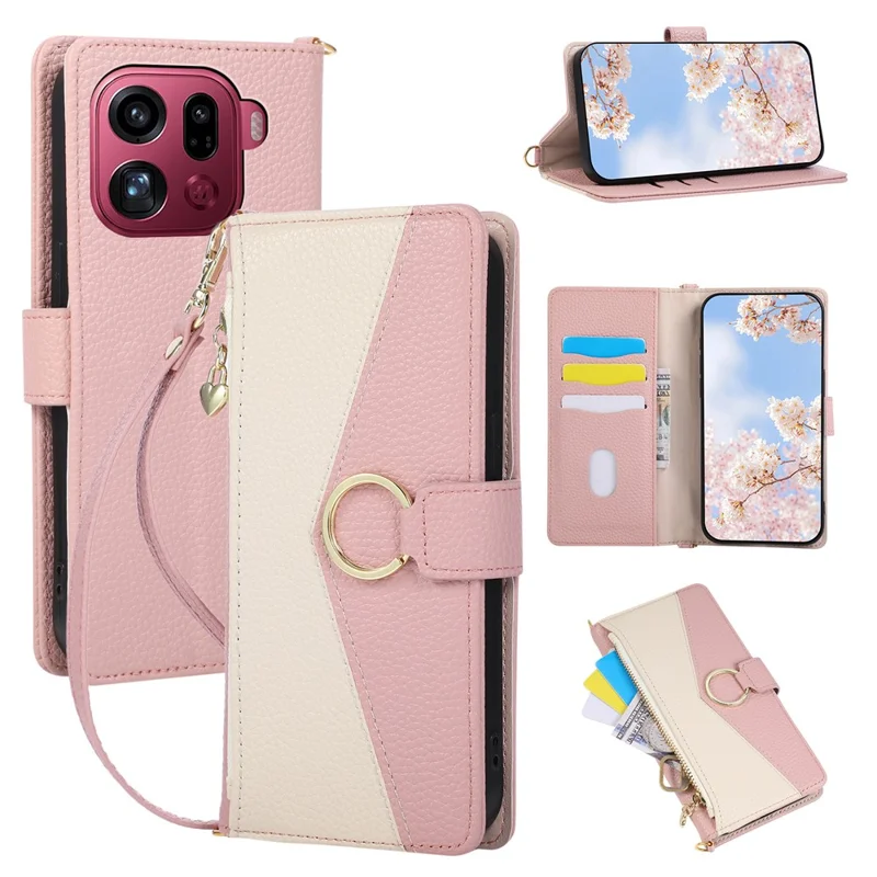 Cover Triangolare con Portafoglio con Cerniera per Oppo Find X9 Pro 5G, Supporto ad Anello, Cover Magnetica in Pelle, Anticaduta con Supporto - Rosa