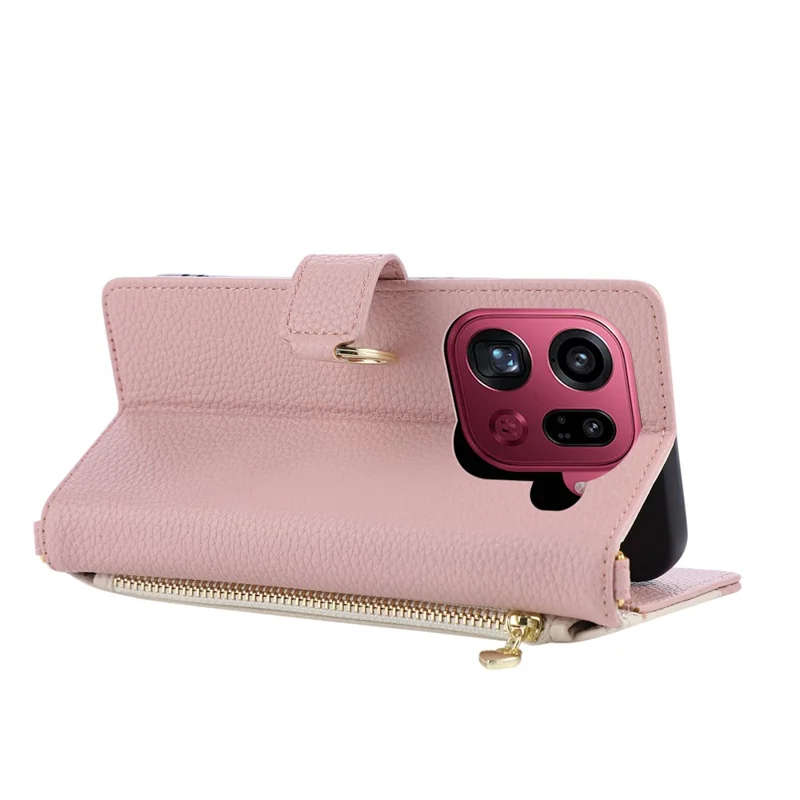 Cover Triangolare con Portafoglio con Cerniera per Oppo Find X9 Pro 5G, Supporto ad Anello, Cover Magnetica in Pelle, Anticaduta con Supporto - Rosa