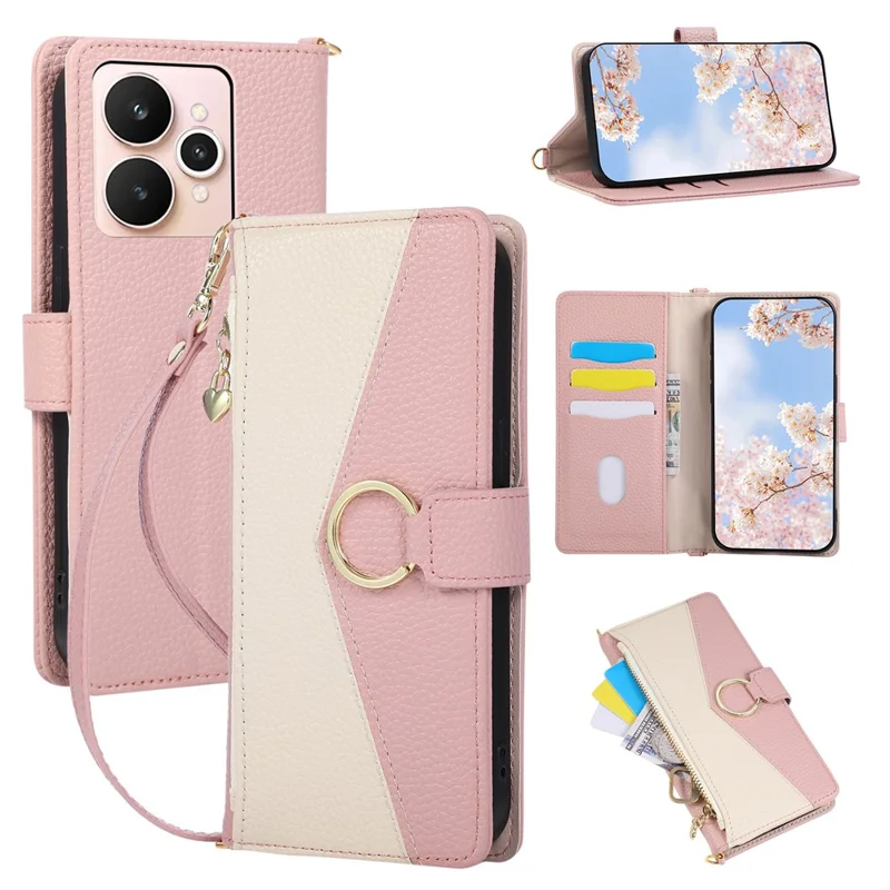 For Realme 15 5G Wallet Case Triangular Splicing Zipper Leather Flip Cover with Wrist Strap - Pink