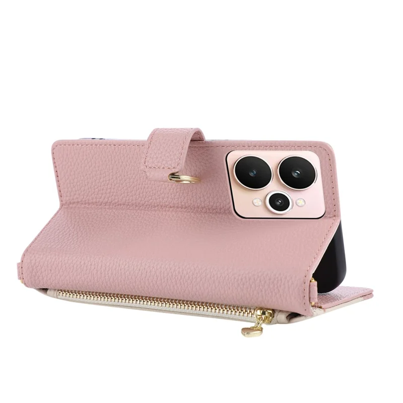 For Realme 15 5G Wallet Case Triangular Splicing Zipper Leather Flip Cover with Wrist Strap - Pink