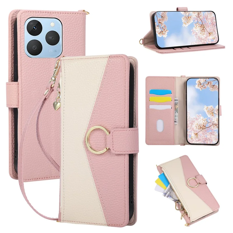 For Realme 15T 5G Wallet Case Triangular Splicing Zipper Leather Flip Cover with Wrist Strap - Pink