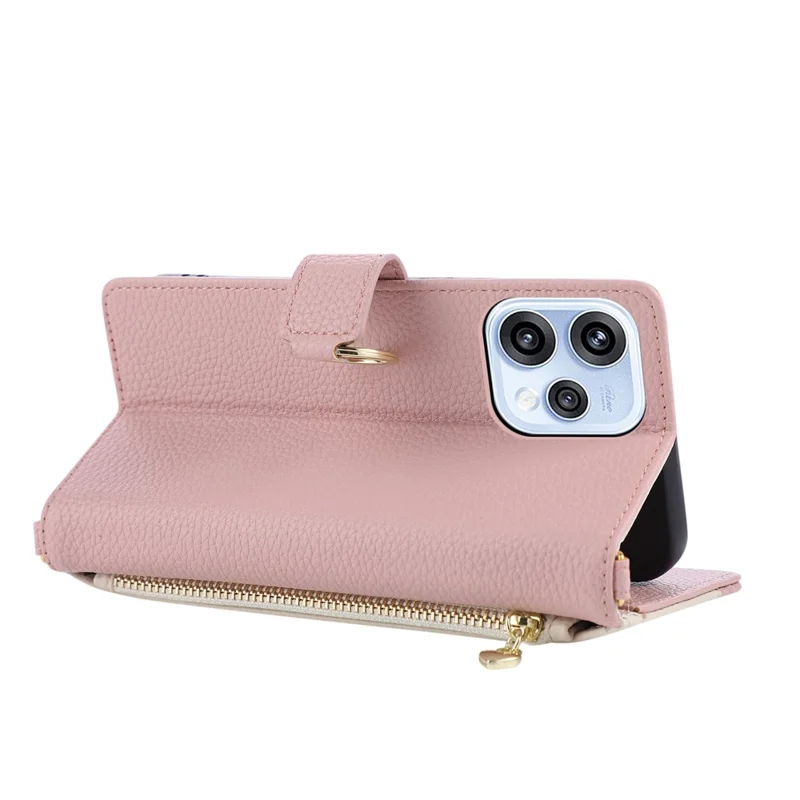 Wallet Case For Oppo Reno15 5G (Global) / Reno15c 5G (China) Triangular Splicing Zipper Leather Flip Cover with Wrist Strap - Pink