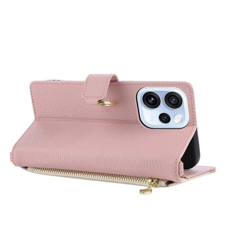 Wallet Case for Oppo Reno15 Pro 5G (Global) / Reno15 5G (China) Triangular Splicing Zipper Leather Flip Cover with Wrist Strap - Pink