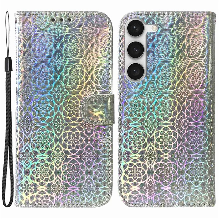 For Samsung Galaxy S23+ Anti-scratch PU Leather Stylish Flower Pattern Phone Cover Wallet Stand Magnetic Case with Strap - Grey