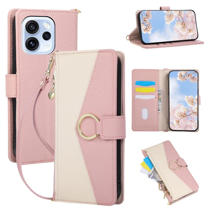 Wallet Case for Oppo Reno15 F 5G / Reno15 FS 5G Triangular Splicing Zipper Leather Flip Cover with Wrist Strap - Pink