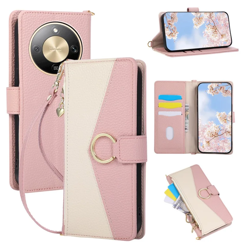 Etui portfelik na Honor Magic8 Lite 5G / X9d 5G / X70 5G z trójkątną klamrą magnetyczną, etui skórzane z kieszeniami na karty, uchwytem i zamkiem - różowy