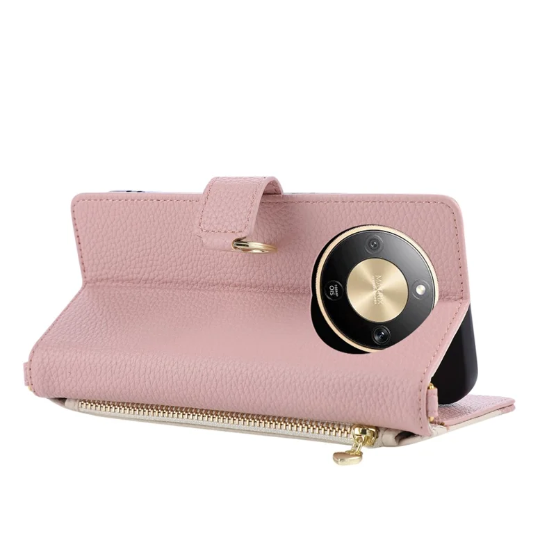 Etui portfelik na Honor Magic8 Lite 5G / X9d 5G / X70 5G z trójkątną klamrą magnetyczną, etui skórzane z kieszeniami na karty, uchwytem i zamkiem - różowy