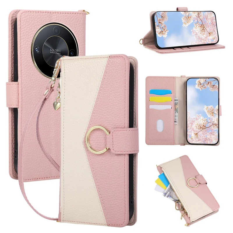 Wallet Case for Honor X9b 5G / Magic6 Lite 5G / X50 5G Triangular Splicing Zipper Leather Flip Cover with Wrist Strap - Pink