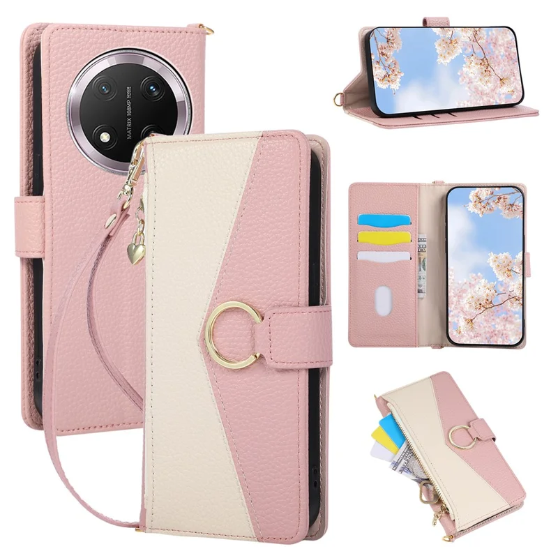 Wallet Case for Honor Magic7 Lite 5G / X9c 5G / X60 Pro 5G Triangular Splicing Zipper Leather Flip Cover with Wrist Strap - Pink