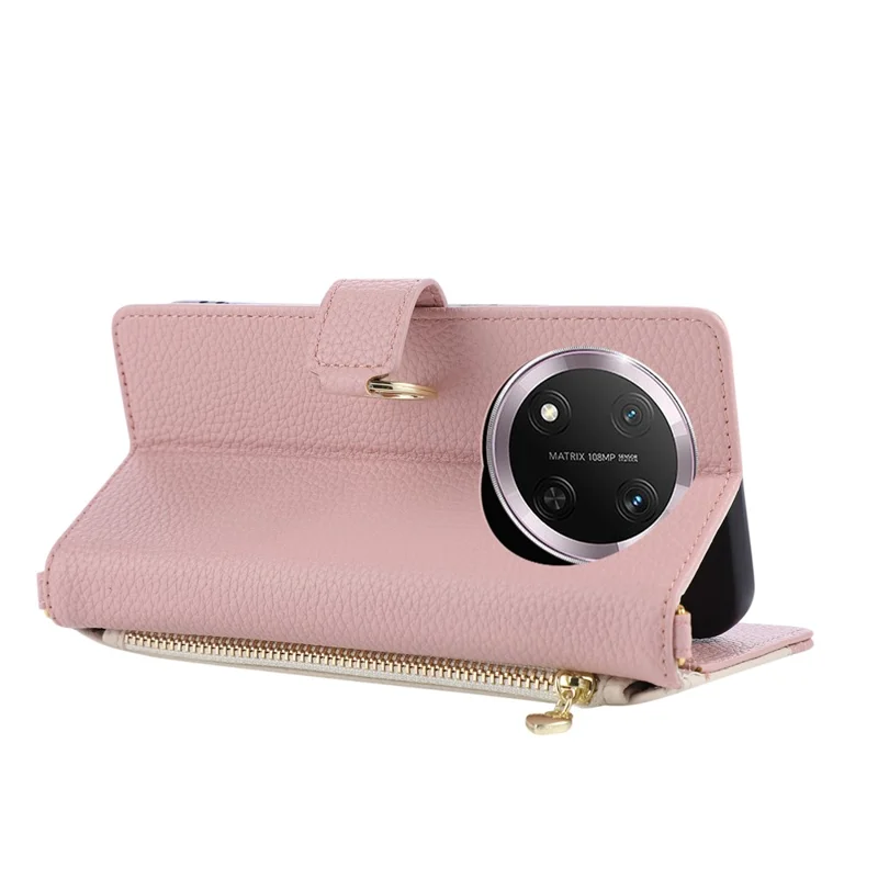 Wallet Case for Honor Magic7 Lite 5G / X9c 5G / X60 Pro 5G Triangular Splicing Zipper Leather Flip Cover with Wrist Strap - Pink