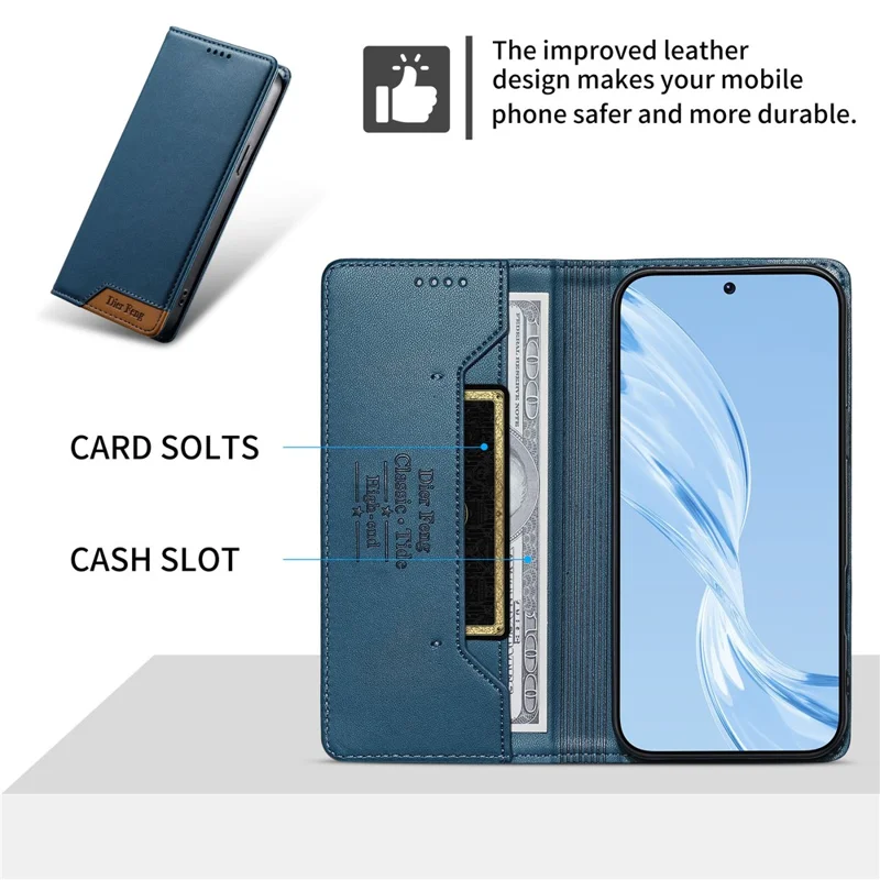 DIERFENG DF-018 for Samsung Galaxy A37 5G Case RFID Blocking Wallet Leather Phone Cover with Color Splicing Logo Corner - Blue
