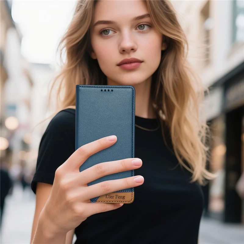 DIERFENG DF-018 for Samsung Galaxy A37 5G Case RFID Blocking Wallet Leather Phone Cover with Color Splicing Logo Corner - Blue