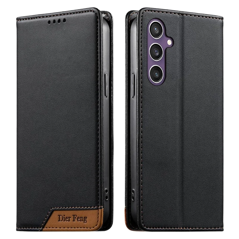DIERFENG DF-018 for Samsung Galaxy S25  /  S24 Case RFID Blocking Wallet Leather Phone Cover with Color Splicing Logo Corner - Black