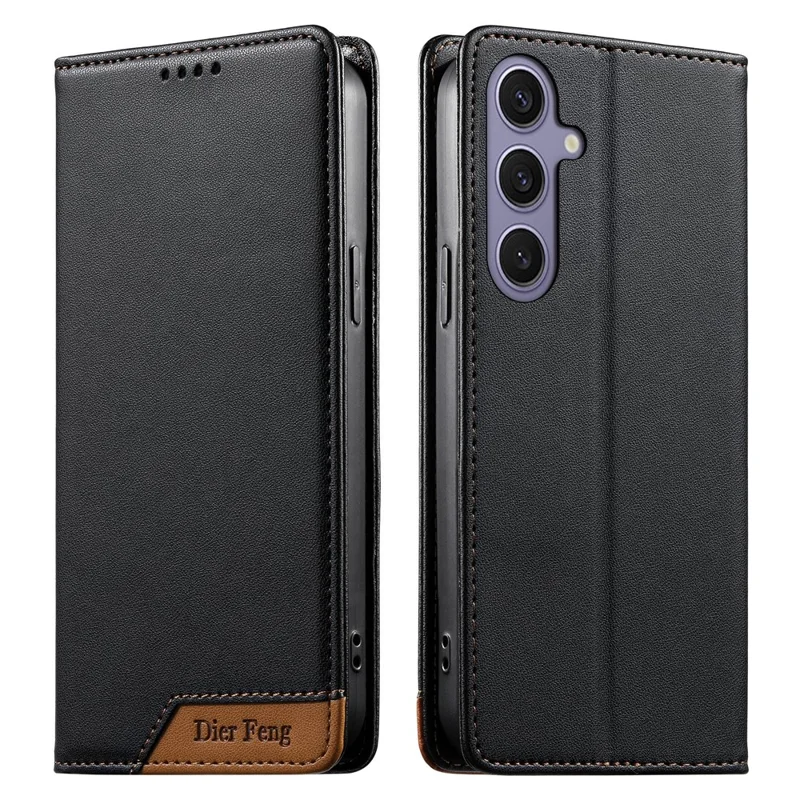 DIERFENG DF-018 for Samsung Galaxy S25+  /  S24+ Case RFID Blocking Wallet Leather Phone Cover with Color Splicing Logo Corner - Black