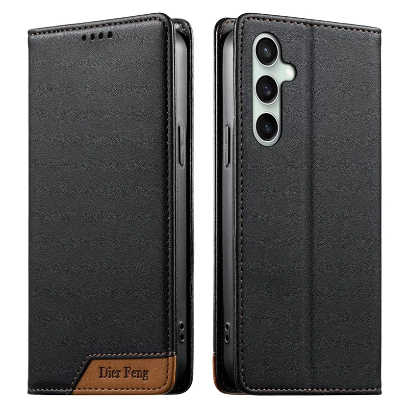 DIERFENG DF-018 for Samsung Galaxy S24 FE Case RFID Blocking Wallet Leather Phone Cover with Color Splicing Logo Corner - Black