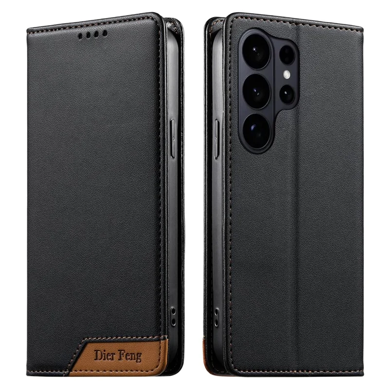 DIERFENG DF-018 for Samsung Galaxy S26 Ultra Case RFID Blocking Wallet Leather Phone Cover with Color Splicing Logo Corner - Black