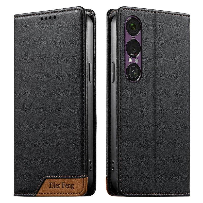 DIERFENG DF-018 for Sony Xperia 1 VII Case RFID Blocking Wallet Leather Phone Cover with Color Splicing Logo Corner - Black