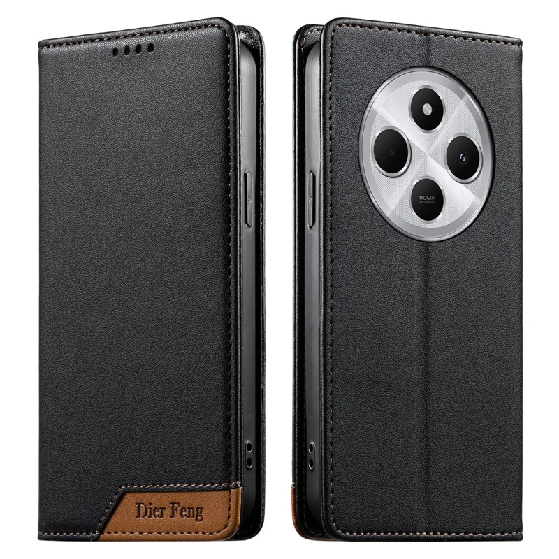 DIERFENG DF-018 for Xiaomi Poco C75 4G  /  Redmi 14R 5G  /  14C 4G Case RFID Blocking Wallet Leather Phone Cover with Color Splicing Logo Corner - Black