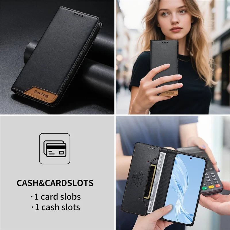 DIERFENG DF-018 for Xiaomi Redmi 15 5G (Global) (169mm) Case RFID Blocking Wallet Leather Phone Cover with Color Splicing Logo Corner - Black