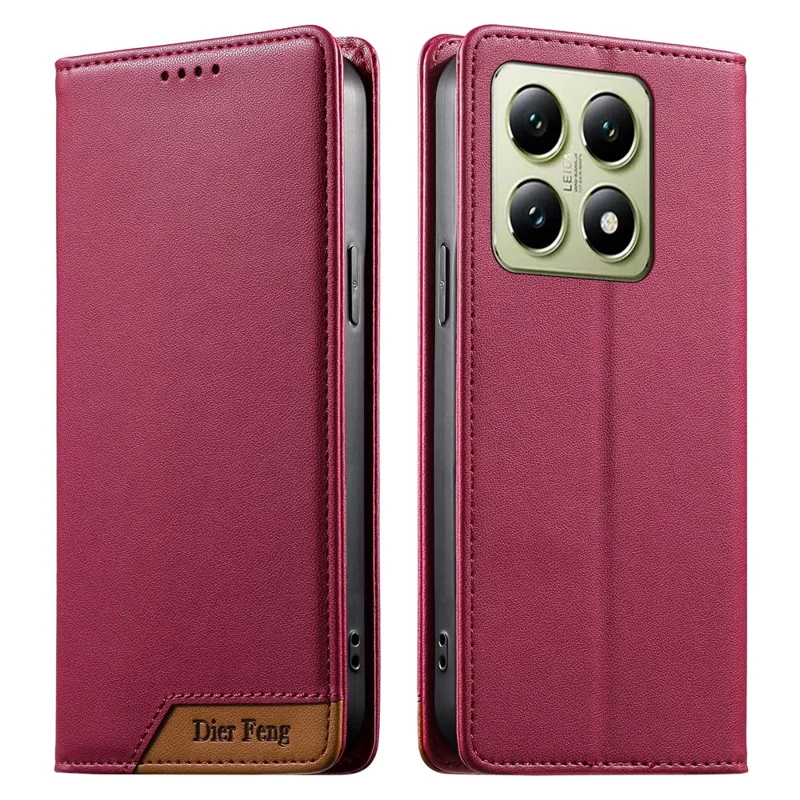 DIERFENG DF-018 for Xiaomi 14T Case RFID Blocking Wallet Leather Phone Cover with Color Splicing Logo Corner - Red