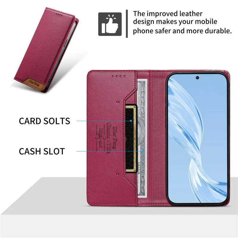 DIERFENG DF-018 for Xiaomi 14T Case RFID Blocking Wallet Leather Phone Cover with Color Splicing Logo Corner - Red