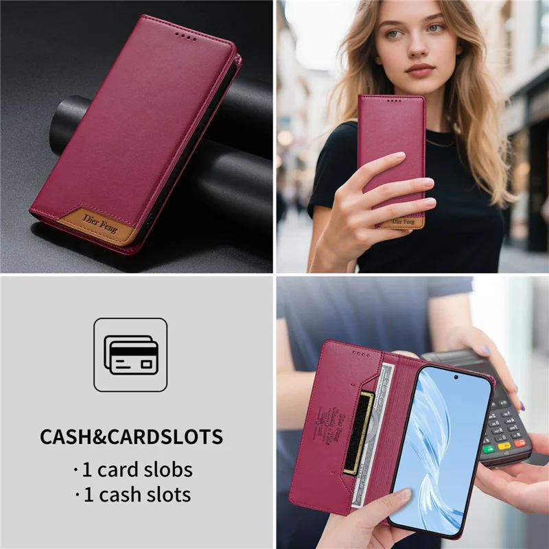 DIERFENG DF-018 for Xiaomi 14T Case RFID Blocking Wallet Leather Phone Cover with Color Splicing Logo Corner - Red