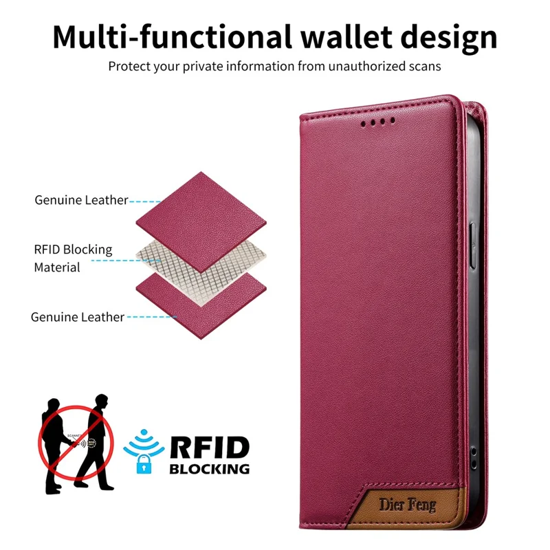 DIERFENG DF-018 for Xiaomi 14T Case RFID Blocking Wallet Leather Phone Cover with Color Splicing Logo Corner - Red