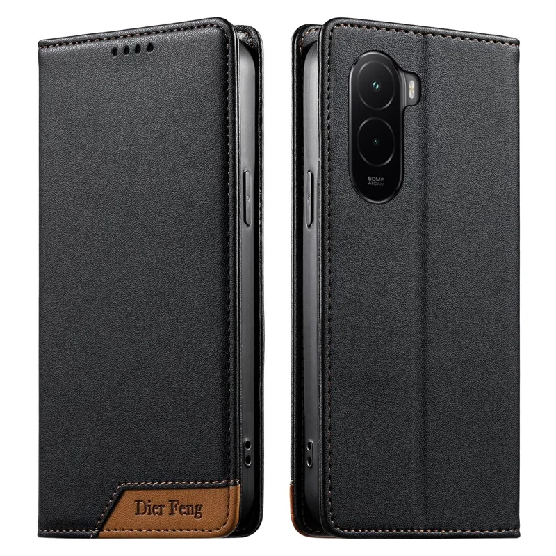DIERFENG DF-018 for Xiaomi Poco M7 4G (EU) (171mm) Case RFID Blocking Wallet Leather Phone Cover with Color Splicing Logo Corner - Black