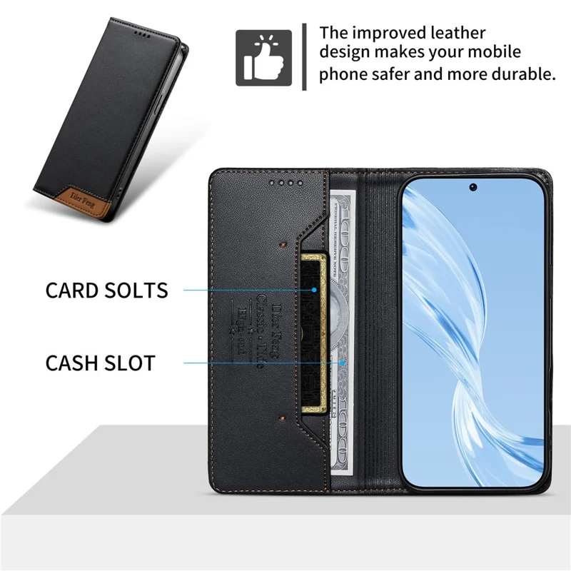 DIERFENG DF-018 for Xiaomi Poco M7 4G (EU) (171mm) Case RFID Blocking Wallet Leather Phone Cover with Color Splicing Logo Corner - Black
