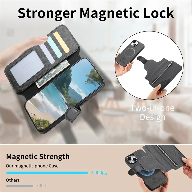 For iPhone 15 Magnetic Case RFID Blocking Detachable Wallet Stand Cloth Texture Leather Phone Cover - Black