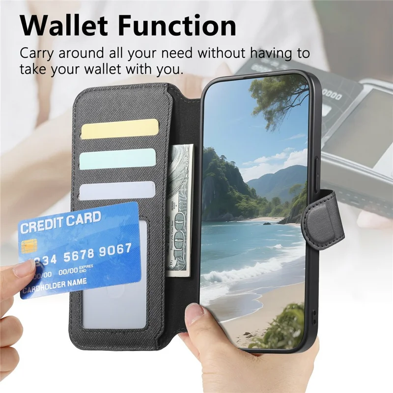 For iPhone 15 Magnetic Case RFID Blocking Detachable Wallet Stand Cloth Texture Leather Phone Cover - Black