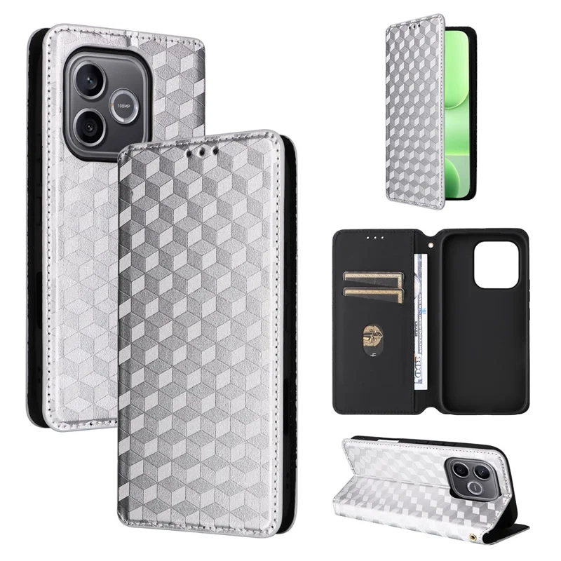 For Honor 600 Lite 5G Case Wallet Rhombus Imprinted PU Leather Phone Cover - Silver