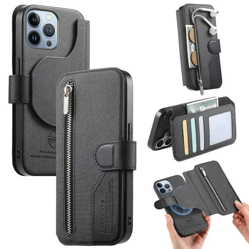 For iPhone 15 Pro Max Magnetic Case RFID Blocking Detachable Wallet Stand Cloth Texture Leather Phone Cover - Black