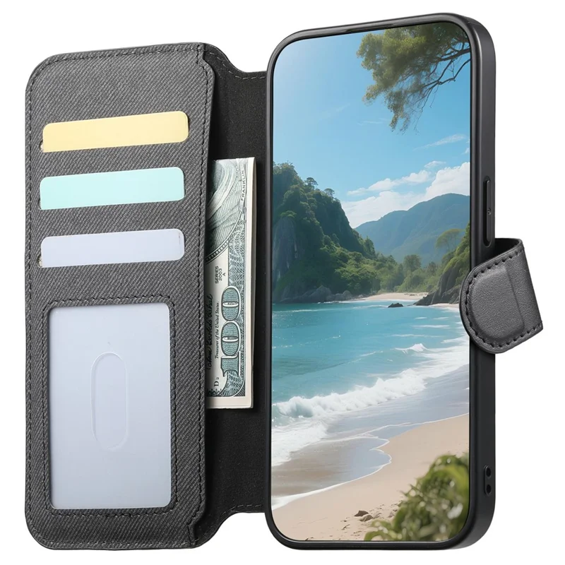 For iPhone 15 Pro Max Magnetic Case RFID Blocking Detachable Wallet Stand Cloth Texture Leather Phone Cover - Black