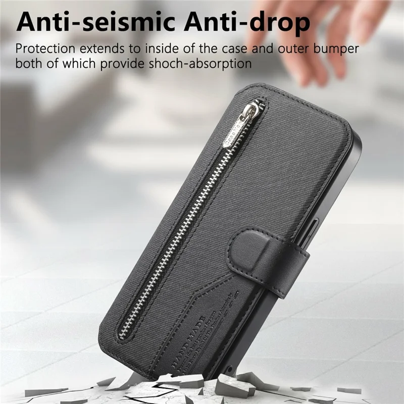 For iPhone 15 Pro Max Magnetic Case RFID Blocking Detachable Wallet Stand Cloth Texture Leather Phone Cover - Black