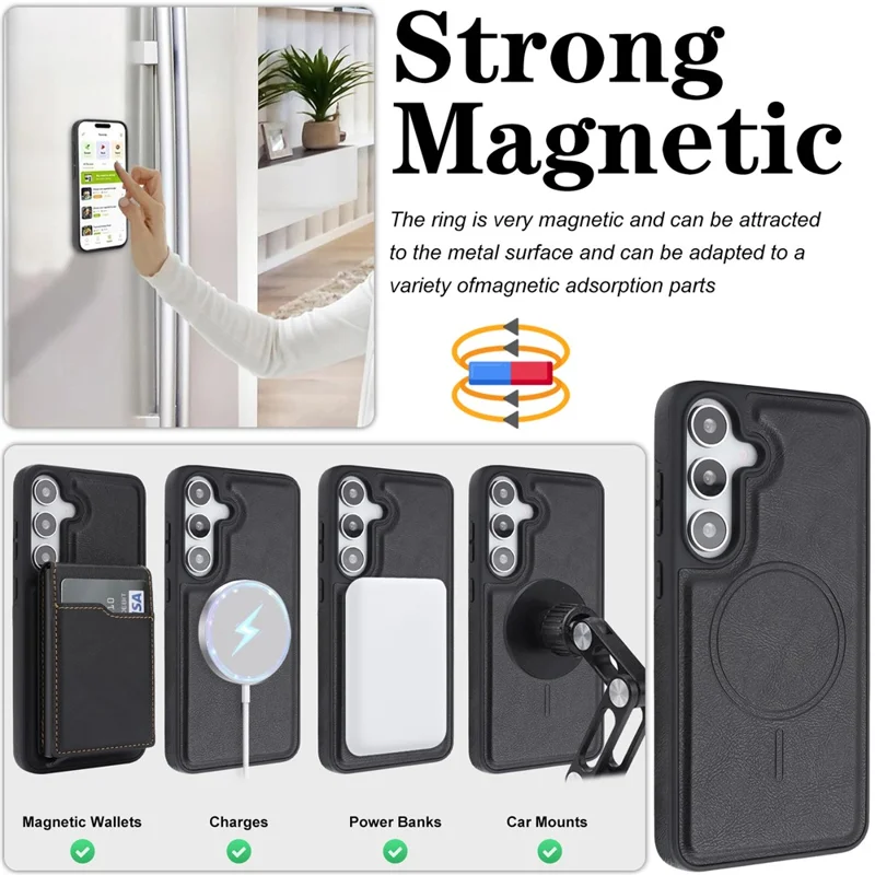 For Samsung Galaxy S26+ Magnetic Cover Kickstand Leather Back Phone Shell with Detachable Pop-Up Card Case - Black