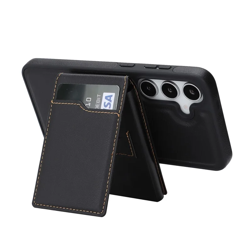 For Samsung Galaxy S26+ Magnetic Cover Kickstand Leather Back Phone Shell with Detachable Pop-Up Card Case - Black