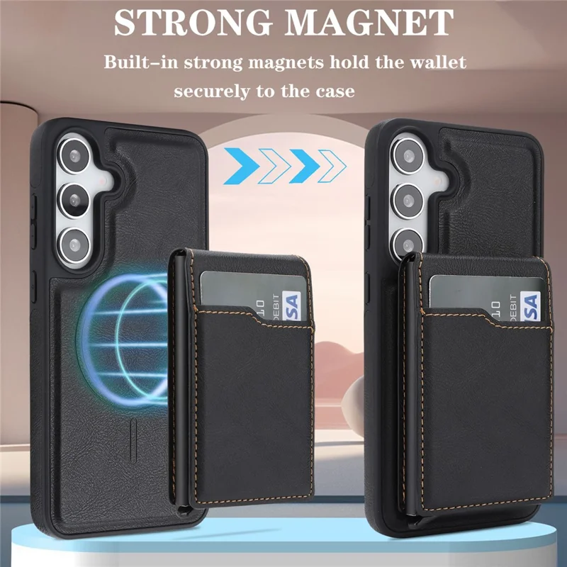For Samsung Galaxy S26+ Magnetic Cover Kickstand Leather Back Phone Shell with Detachable Pop-Up Card Case - Black