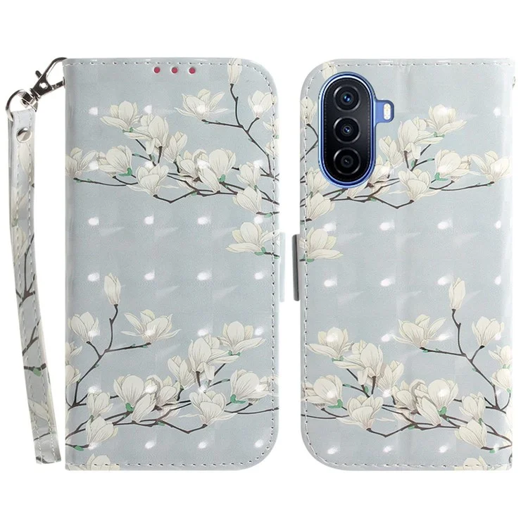 3D-Musterdrucktelefon-Abdeckung für Huawei nova Y70 Plus 4G, gut geschütztes PU-Leder-Standessteckportenhandygehäuse mit Riemen - Magnolie