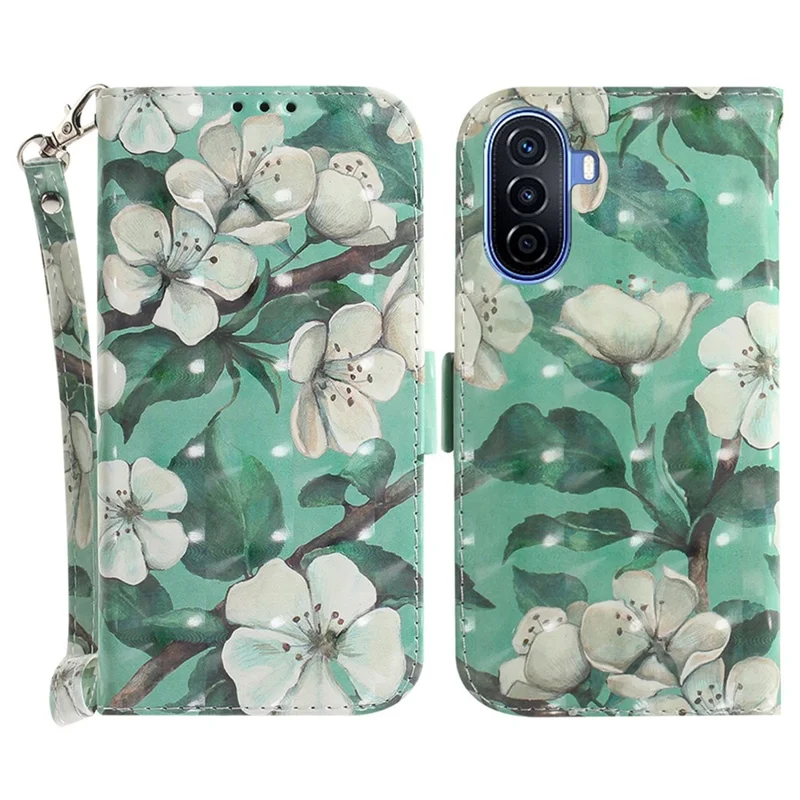 3D-Muster-Druck-Handyhülle für Huawei nova Y70 Plus 4G, gut geschützte PU-Leder-Ständer-Brieftasche-Handyhülle mit Gurt - Aquarellblumen