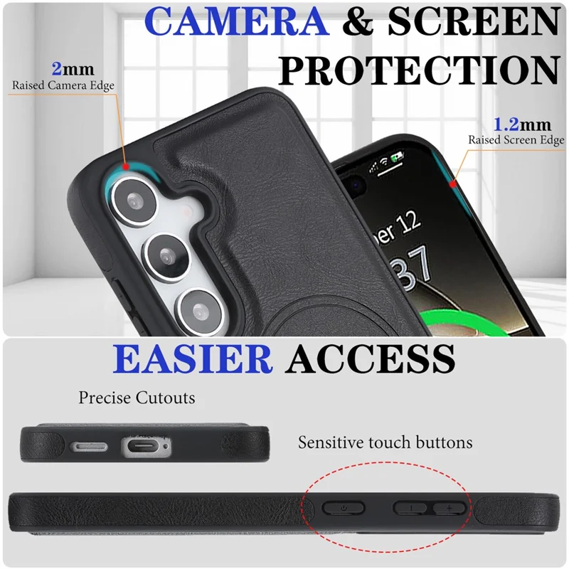 For Samsung Galaxy S26 Magnetic Cover Kickstand Leather Back Phone Shell with Detachable Pop-Up Card Case - Black