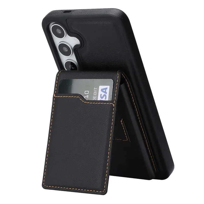 For Samsung Galaxy S26 Magnetic Cover Kickstand Leather Back Phone Shell with Detachable Pop-Up Card Case - Black