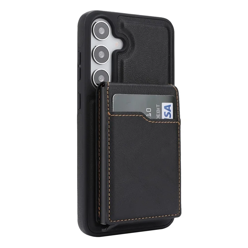 For Samsung Galaxy S26 Magnetic Cover Kickstand Leather Back Phone Shell with Detachable Pop-Up Card Case - Black